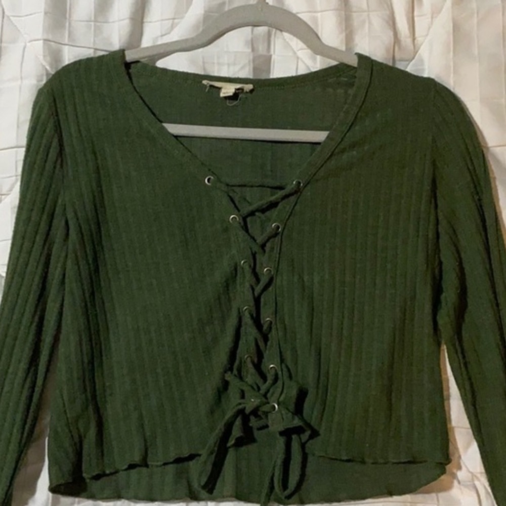 LA Hearts Pac Sun Long Sleeve Green Tie Up Crop Top